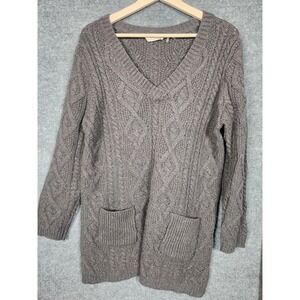 Soft Surroundings Sweater Womens Medium Brown Cable Knit V‎ Neck Tunic Pockets